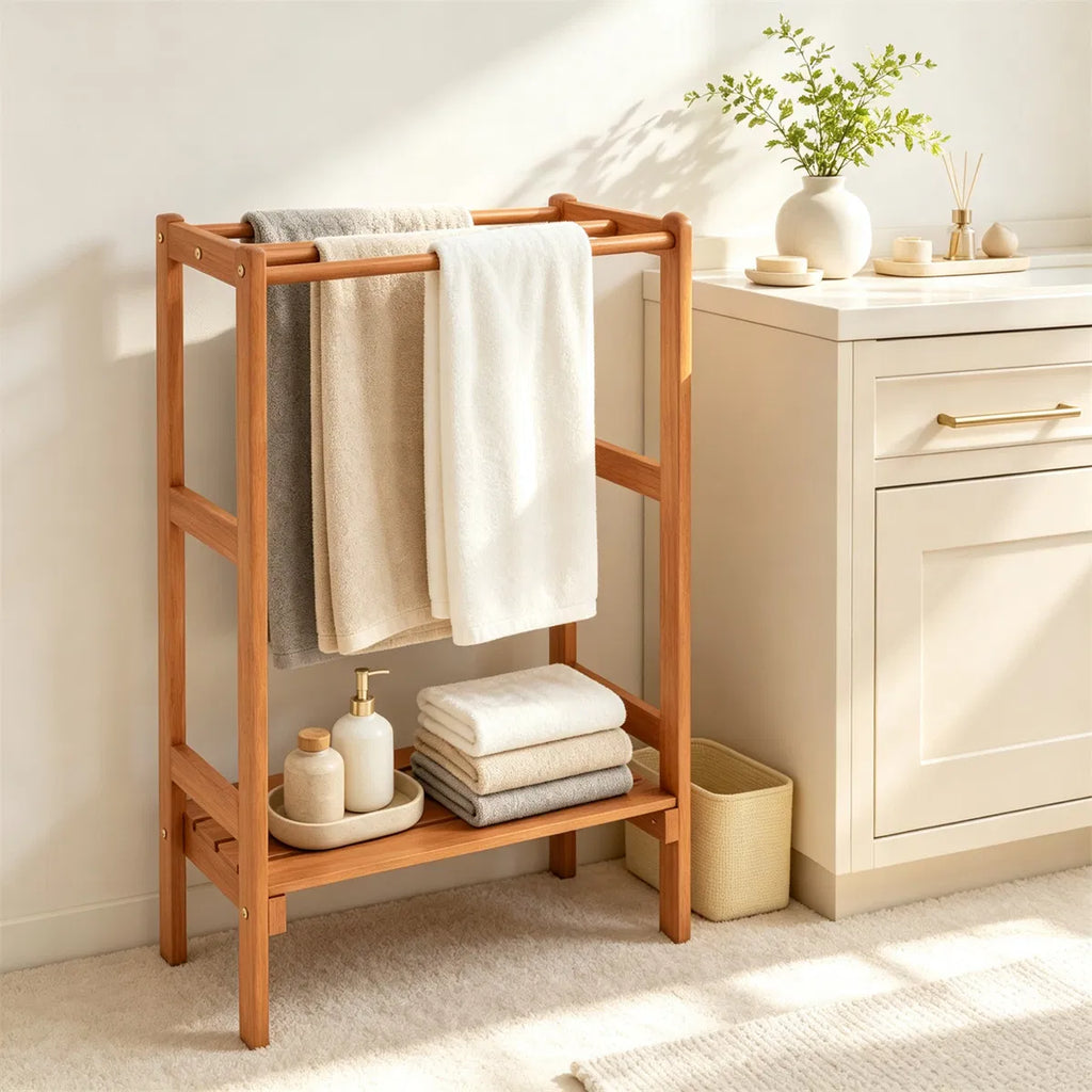 Blanket Stand Hardwood Freestanding with 3 Bars & Bottom Shelf – image 6
