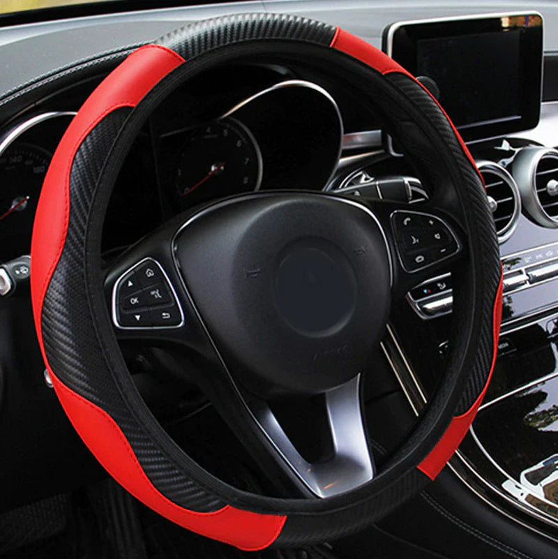 Steering Wheel Cover, Red & Black Carbon Fiber PU Leather, 15 in – image 14