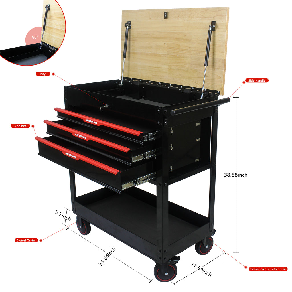 3-Drawer Rolling Tool Cart with Wooden Top and Adjustable Shelf – image 12