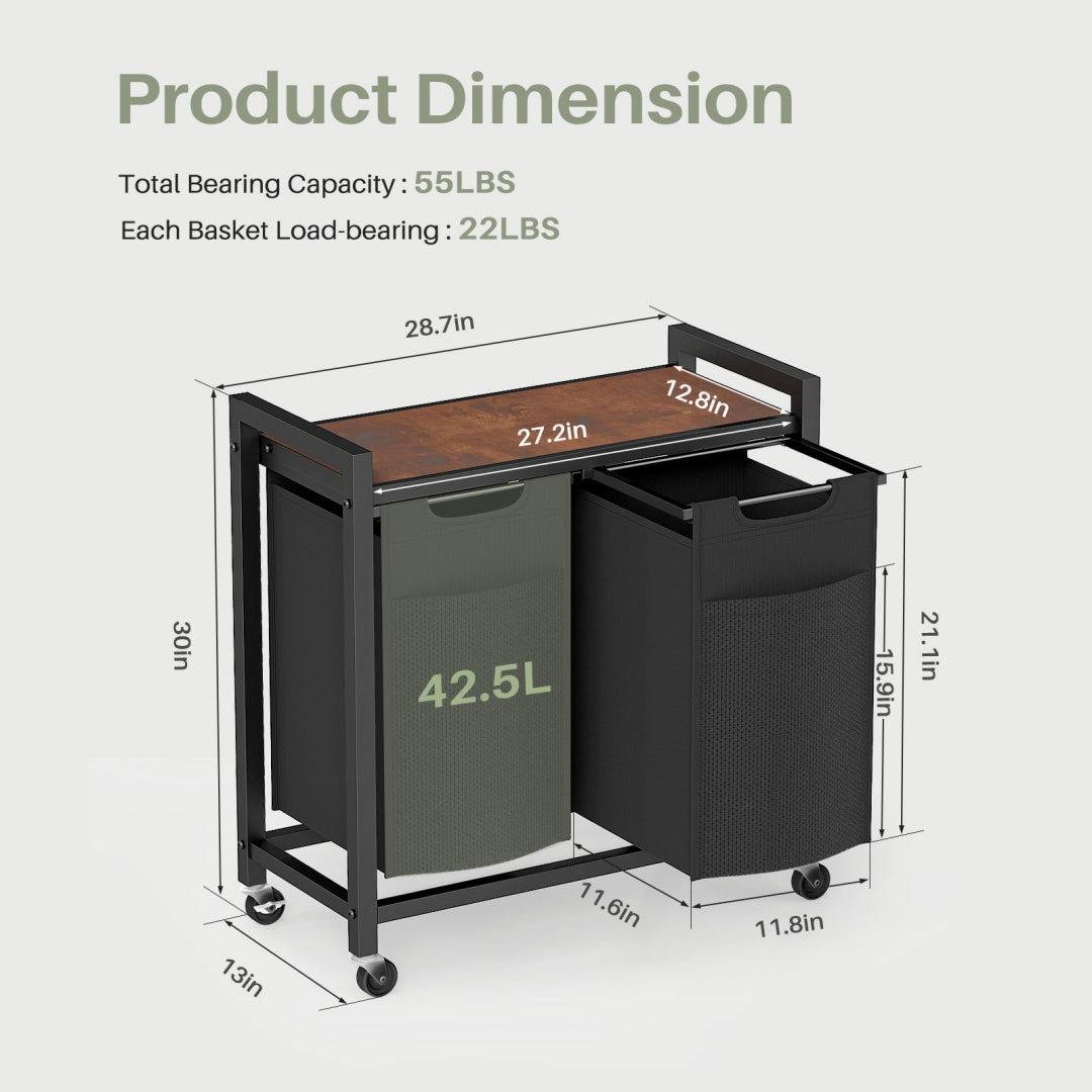 Rolling Laundry Sorter with Pull-Out Bags and Top Shelf – image 12