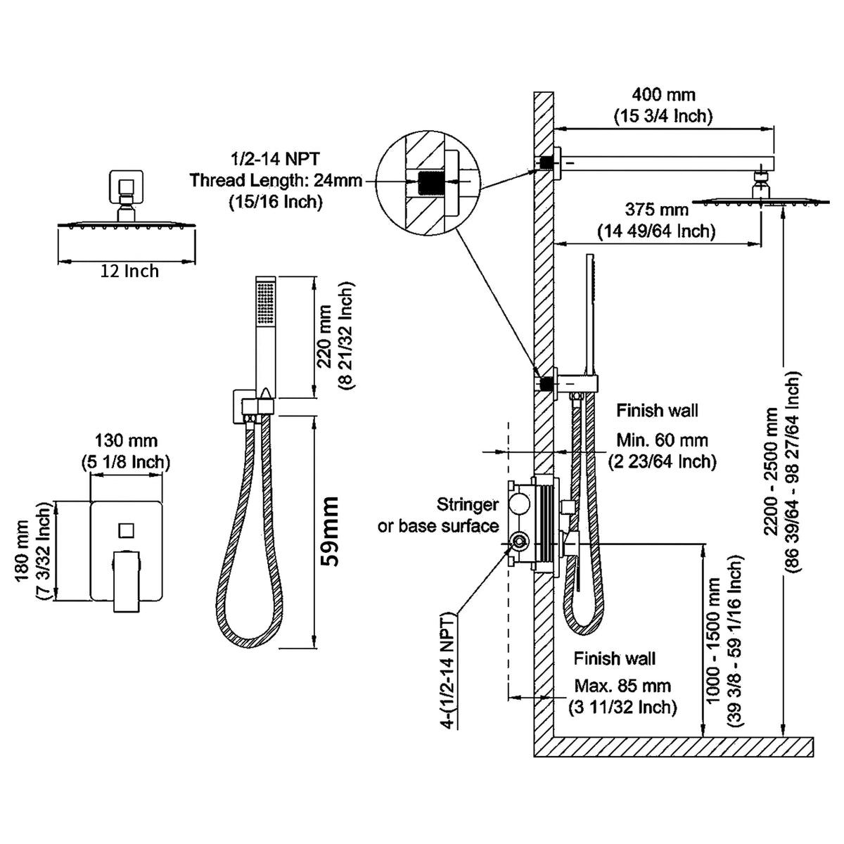 12 in Square Rain Shower Combo Set with Handheld & Rough-In Valve, Chrome