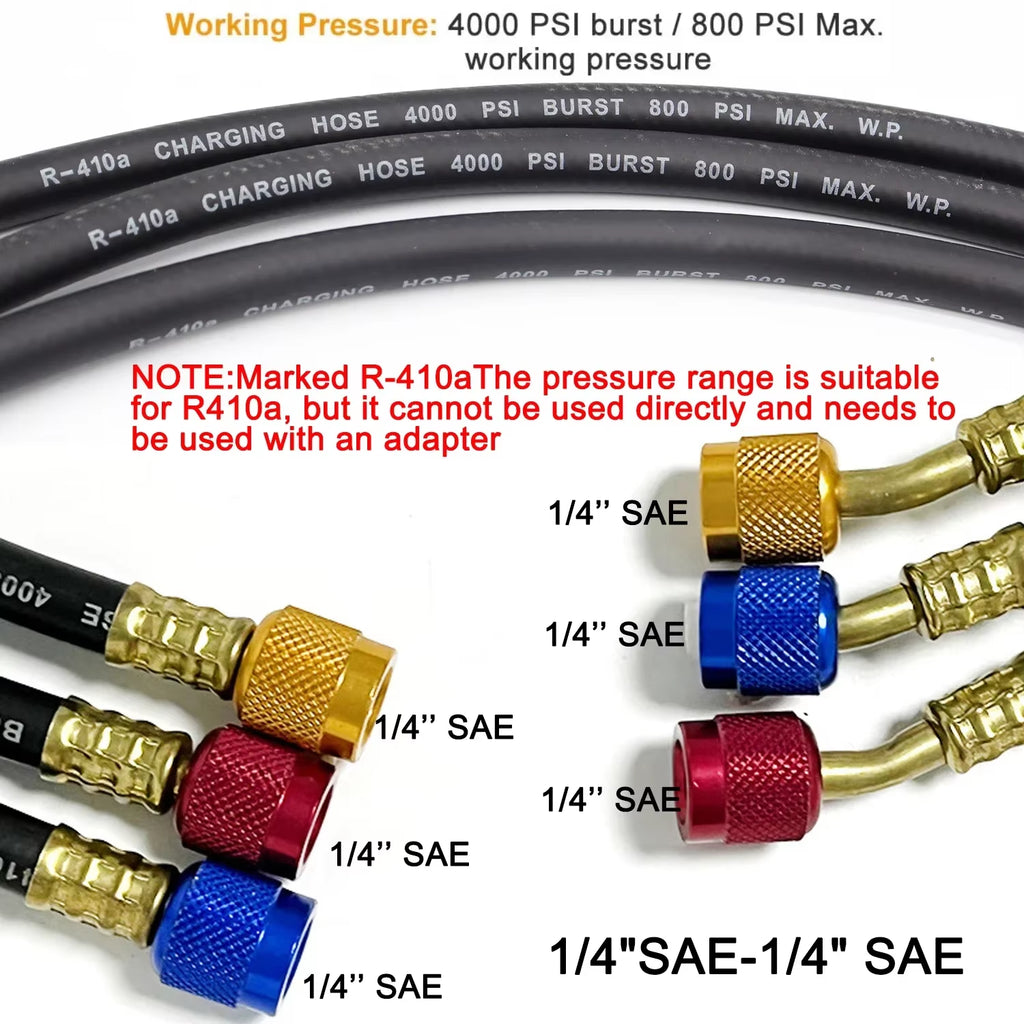 HVAC R410A Refrigerant Charging Hose 1.8 m, 800 PSI, 1/4 in SAE – image 2