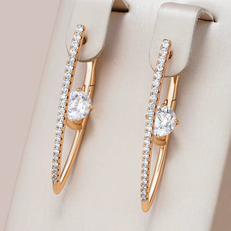 V-Shape Zircon Long Drop Earrings - Rose Gold Tone