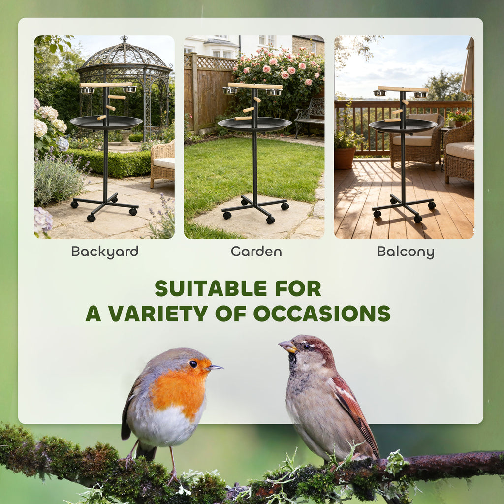 Rolling Bird Play Stand with Stainless Steel Bowls and Tray, Gray – image 4