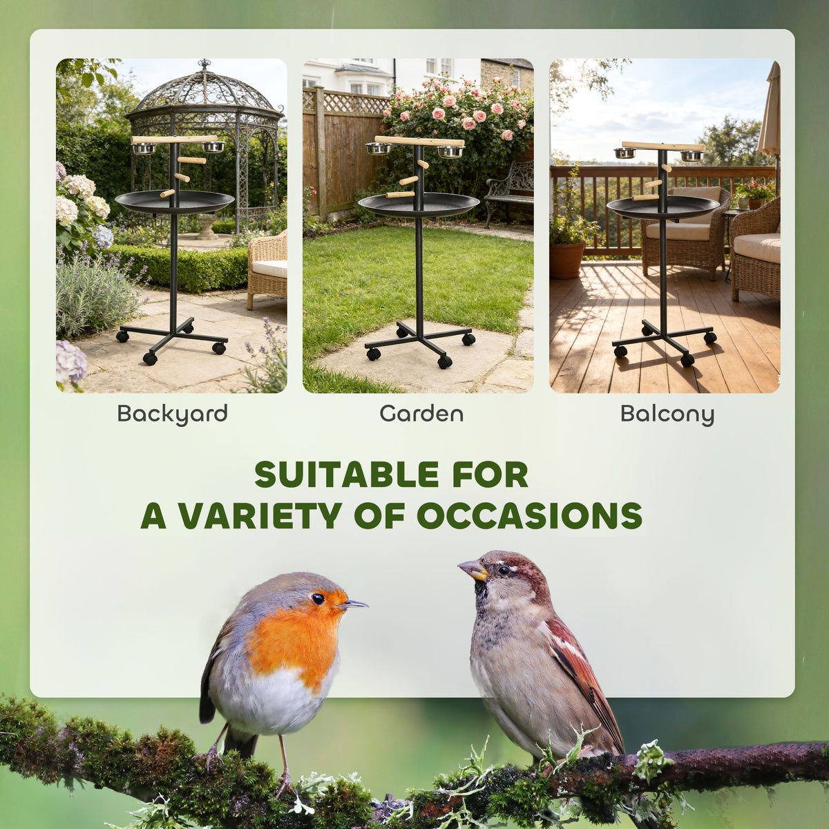 Rolling Bird Play Stand with Stainless Steel Bowls and Tray, Gray – image 4