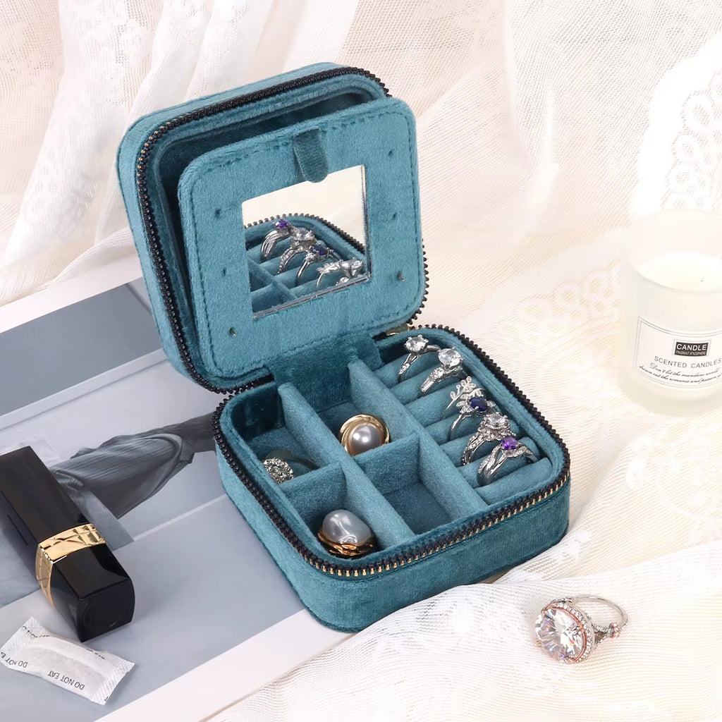 Velvet Travel Jewelry Box with Mirror – Quilted Rhombus Case – image 2