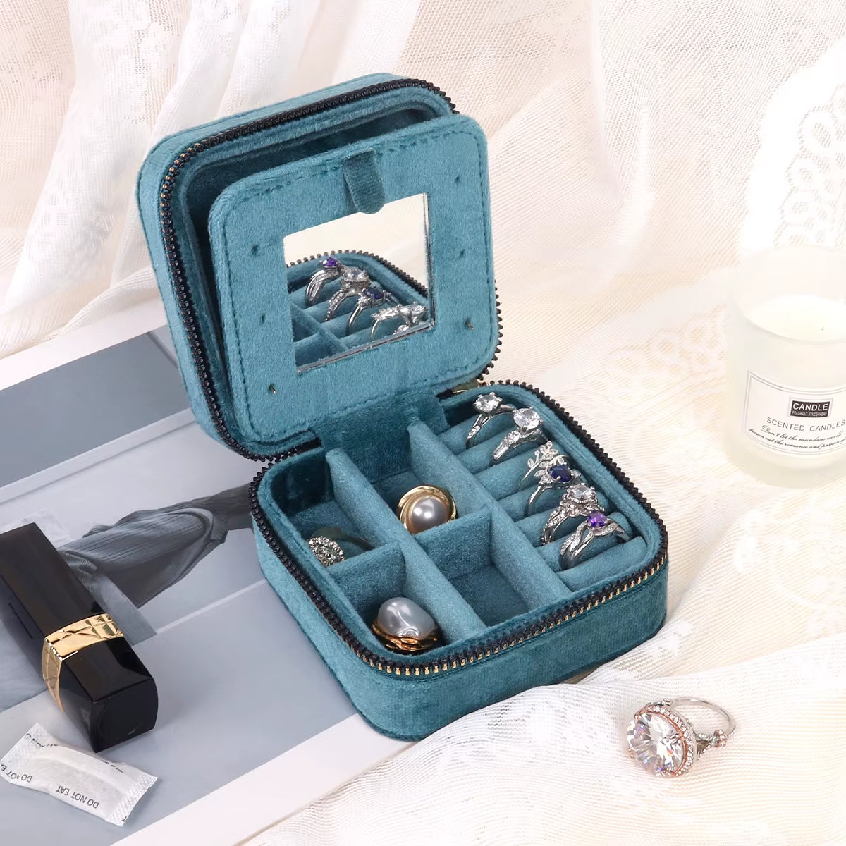 Velvet Travel Jewelry Box with Mirror – Quilted Rhombus Case – image 2