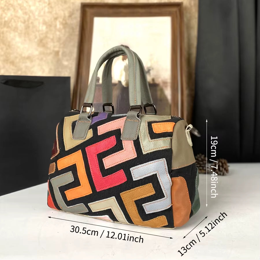 Genuine Leather Tote Crossbody Bag, Colorblock Cowhide Handbag for Women – image 3