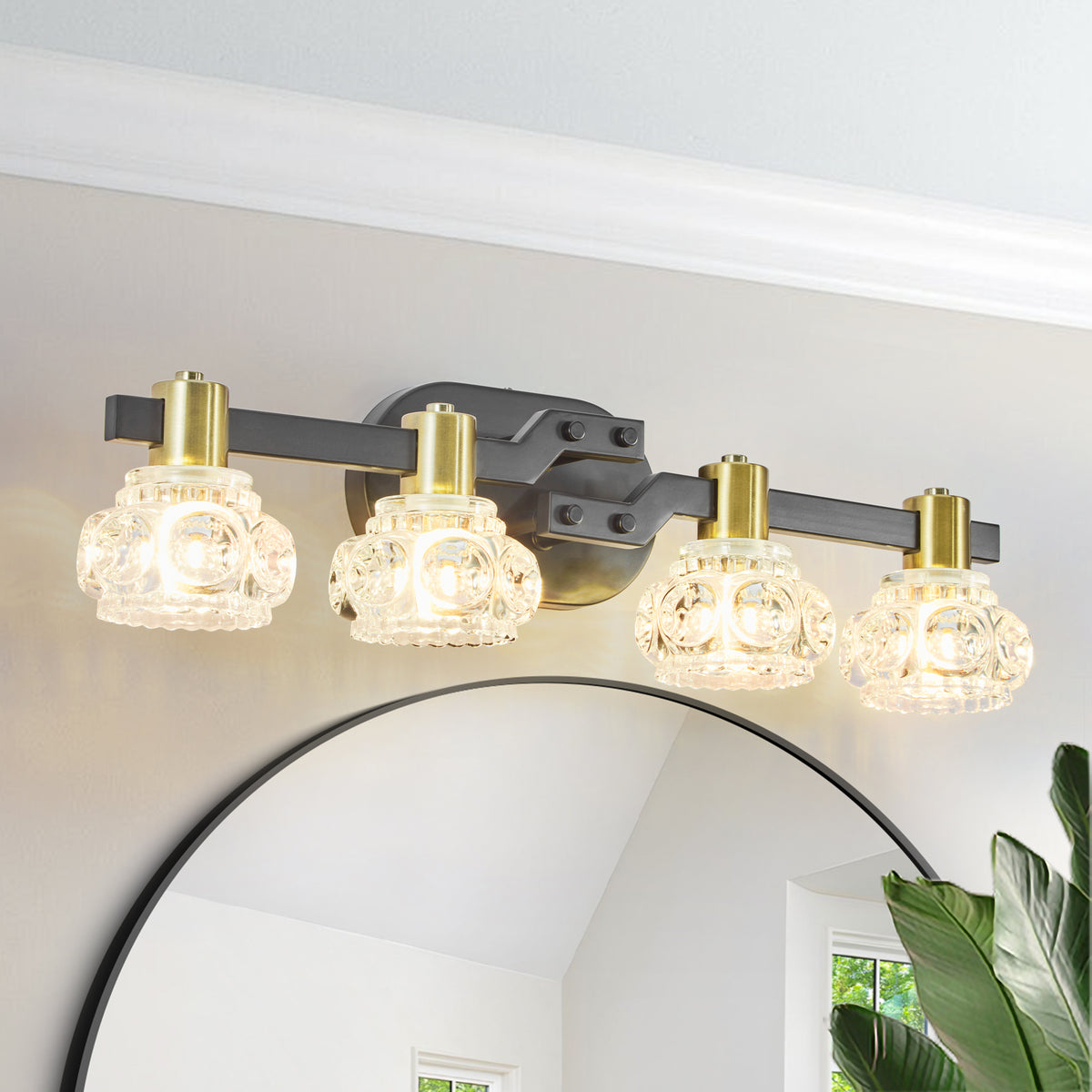 Vintage 4-Light Crystal Wall Sconce Black Gold Vanity Light 24 In