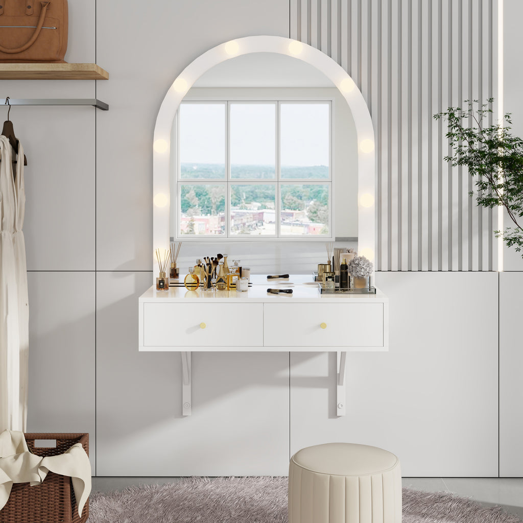 Floating Wall Makeup Vanity with Lighted Mirror and Power Outlets – image 2