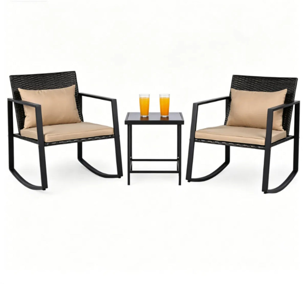 3-Piece Wicker Rocking Chair Set with Glass Side Table, Brown – image 4