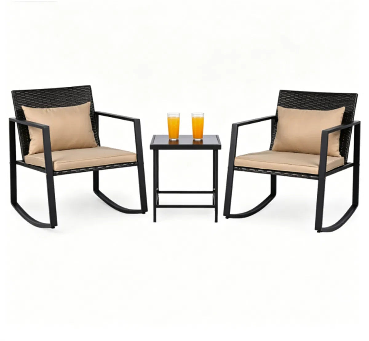 3-Piece Wicker Rocking Chair Set with Glass Side Table, Brown – image 4