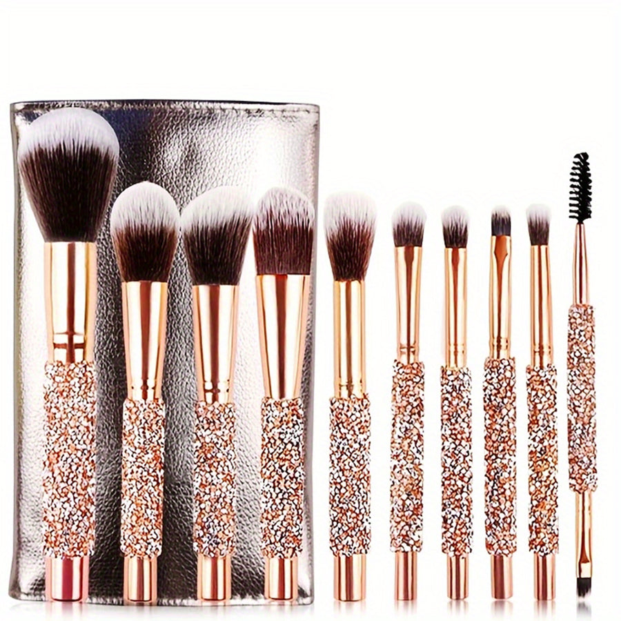 Makeup Brush Set – 10 Piece Crystal Handle with Pouch