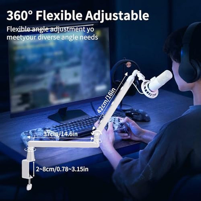 Low Profile Microphone Boom Arm, 360-Degree Desk Mount, White – image 2
