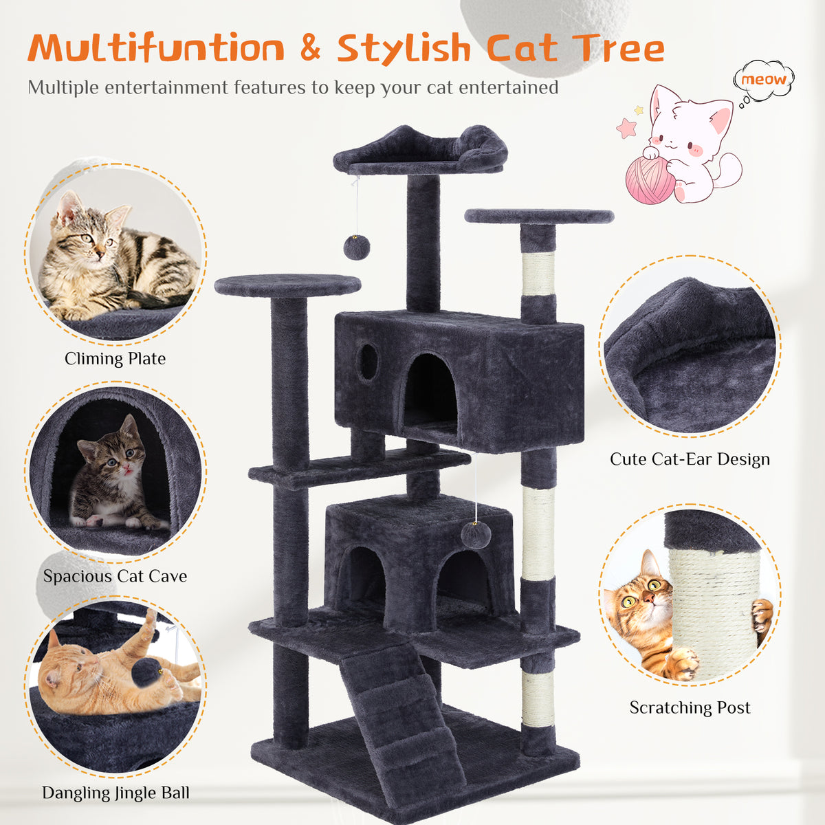 Cat Tree House 54in Multi-Level Climbing Tower with Scratch Posts – image 10
