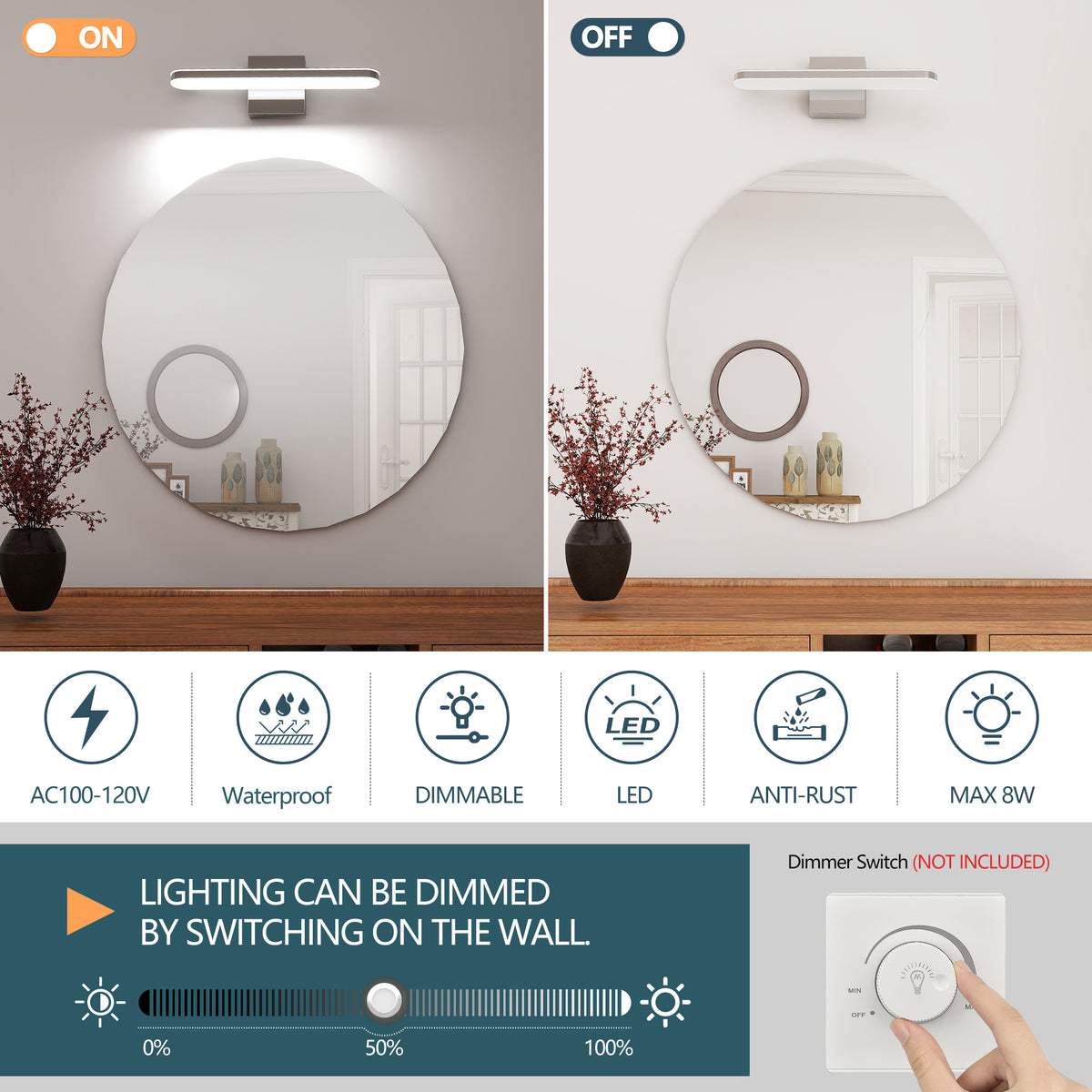 Dimmable Chrome LED Bathroom Light Bar 16 Inch over Mirror