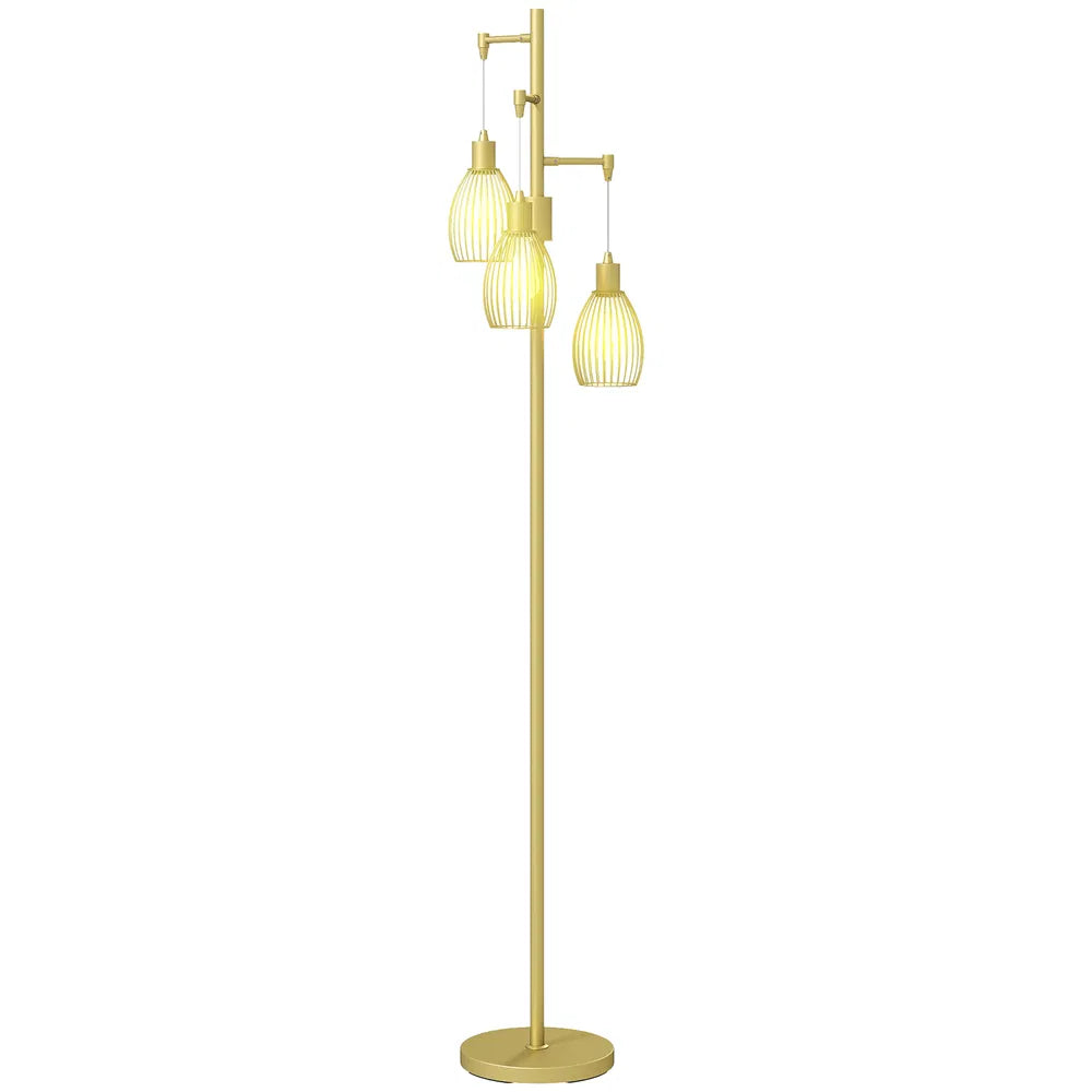 Industrial Floor Lamp with 3 Hanging Cage Shades, Dimmable, Gold – image 1