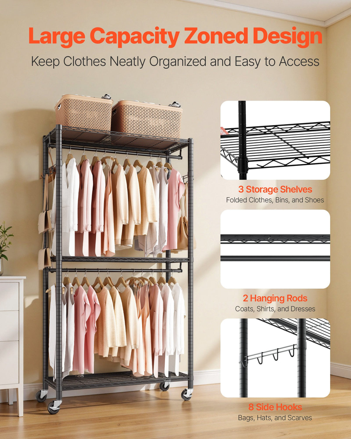 Rolling Clothes Rack with 3 Adjustable Shelves and Hooks – image 2