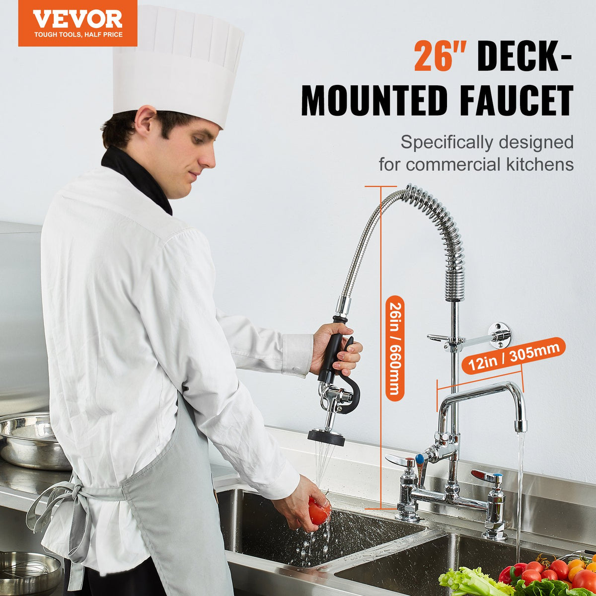 Commercial Pre-Rinse Kitchen Faucet, 26 in Deck Mount, 8 in Center, 12 in Spout – image 3