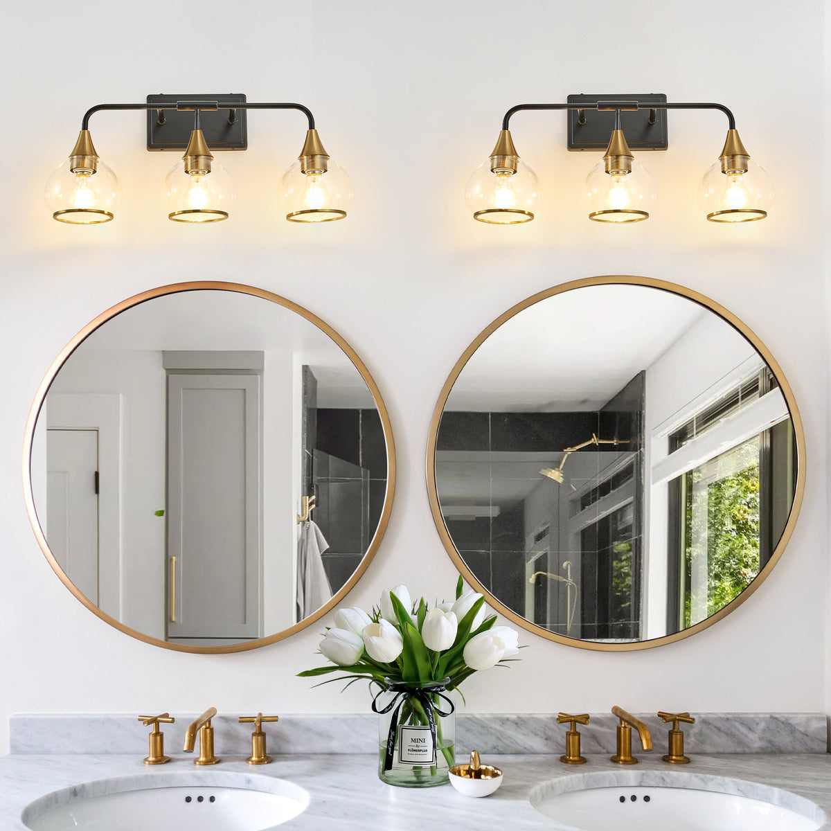 23 Inch 3-Light Black and Gold Vanity Sconce with Clear Glass Shades – image 5