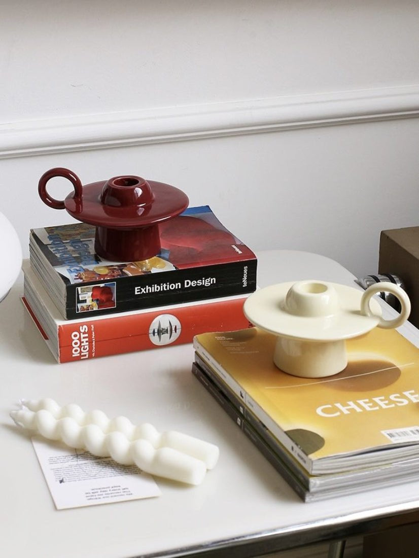 Retro Ceramic Candle Holder with Ring Handle, Handmade – image 5
