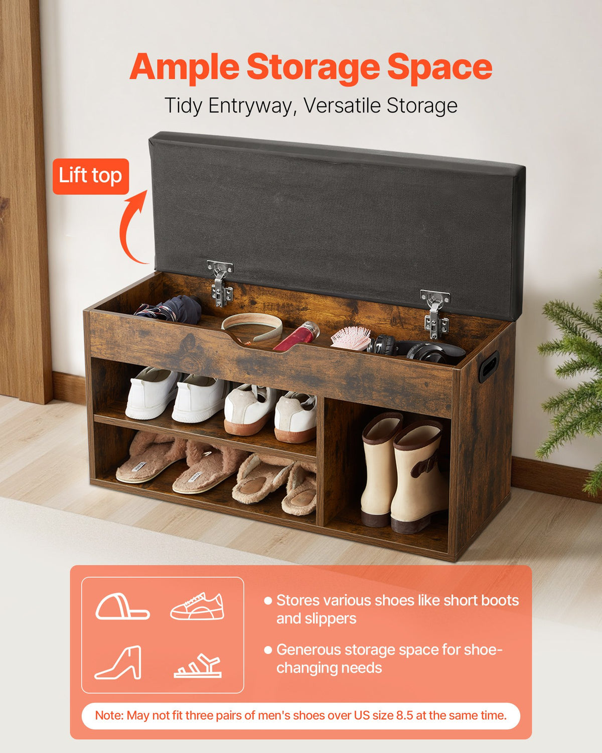 Entryway Lift-Top Shoe Bench with Cushion Seat and 3 Cabinets – image 2