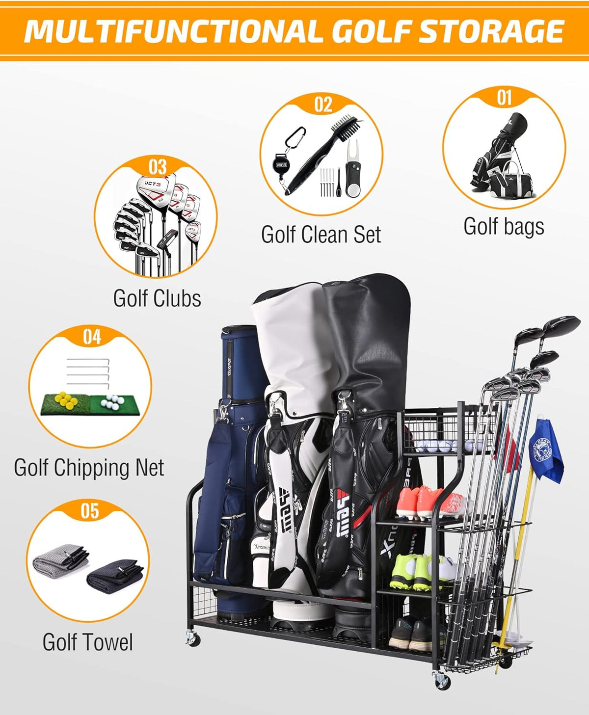 Rolling Golf Bag Storage Rack For 3 Bags With Club Holder – image 3