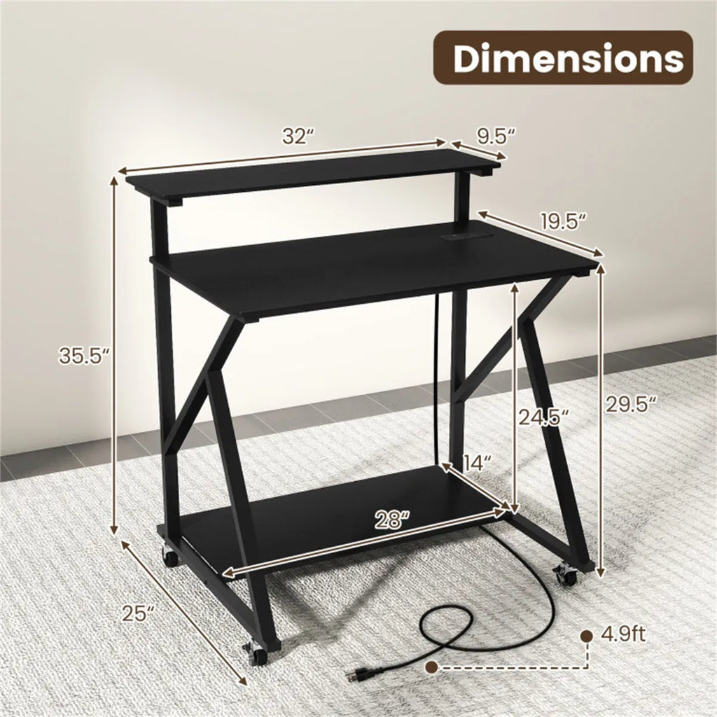 Rolling Computer Desk 32 in with Power Strip and Monitor Shelf – image 10