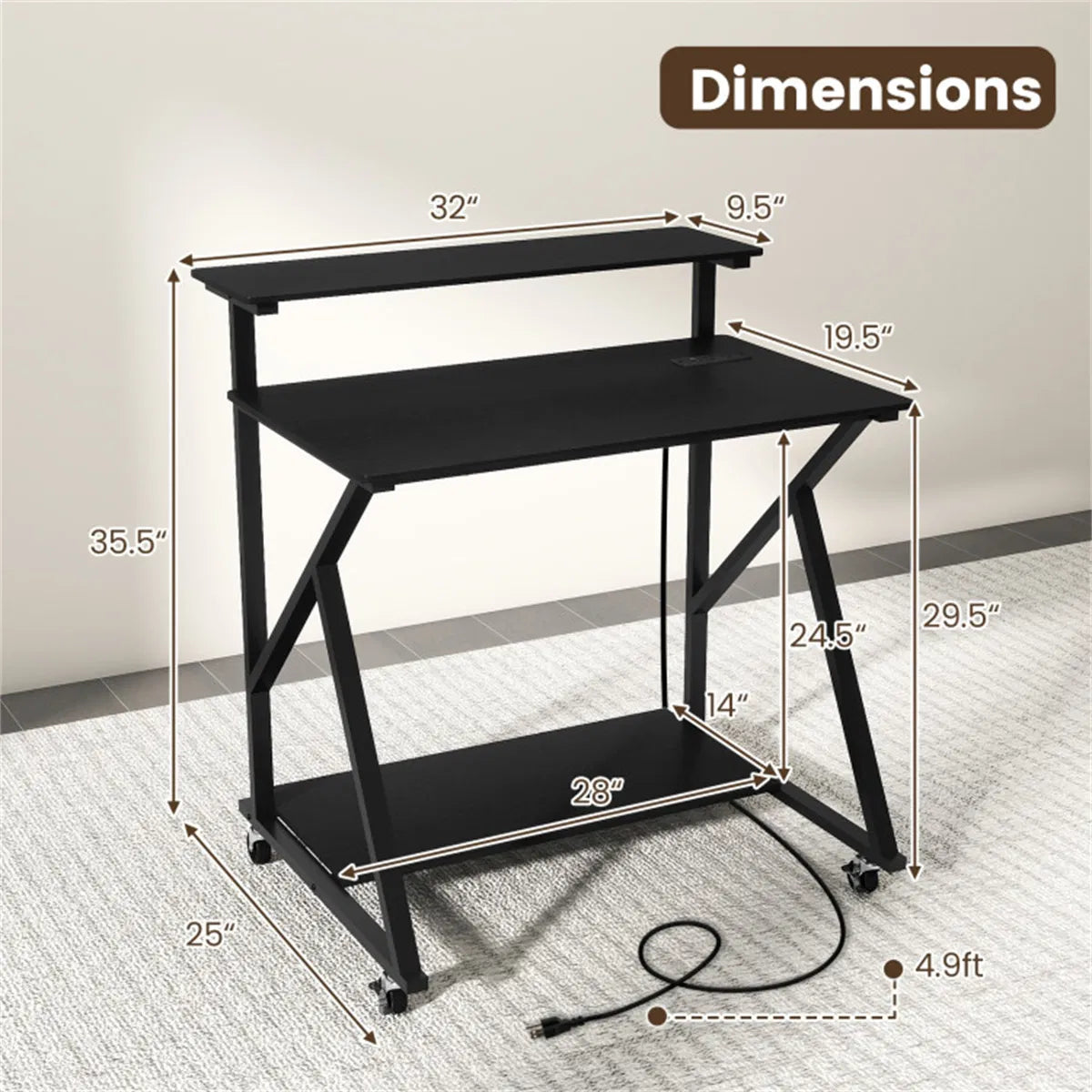 Rolling Computer Desk 32 in with Power Strip and Monitor Shelf – image 10