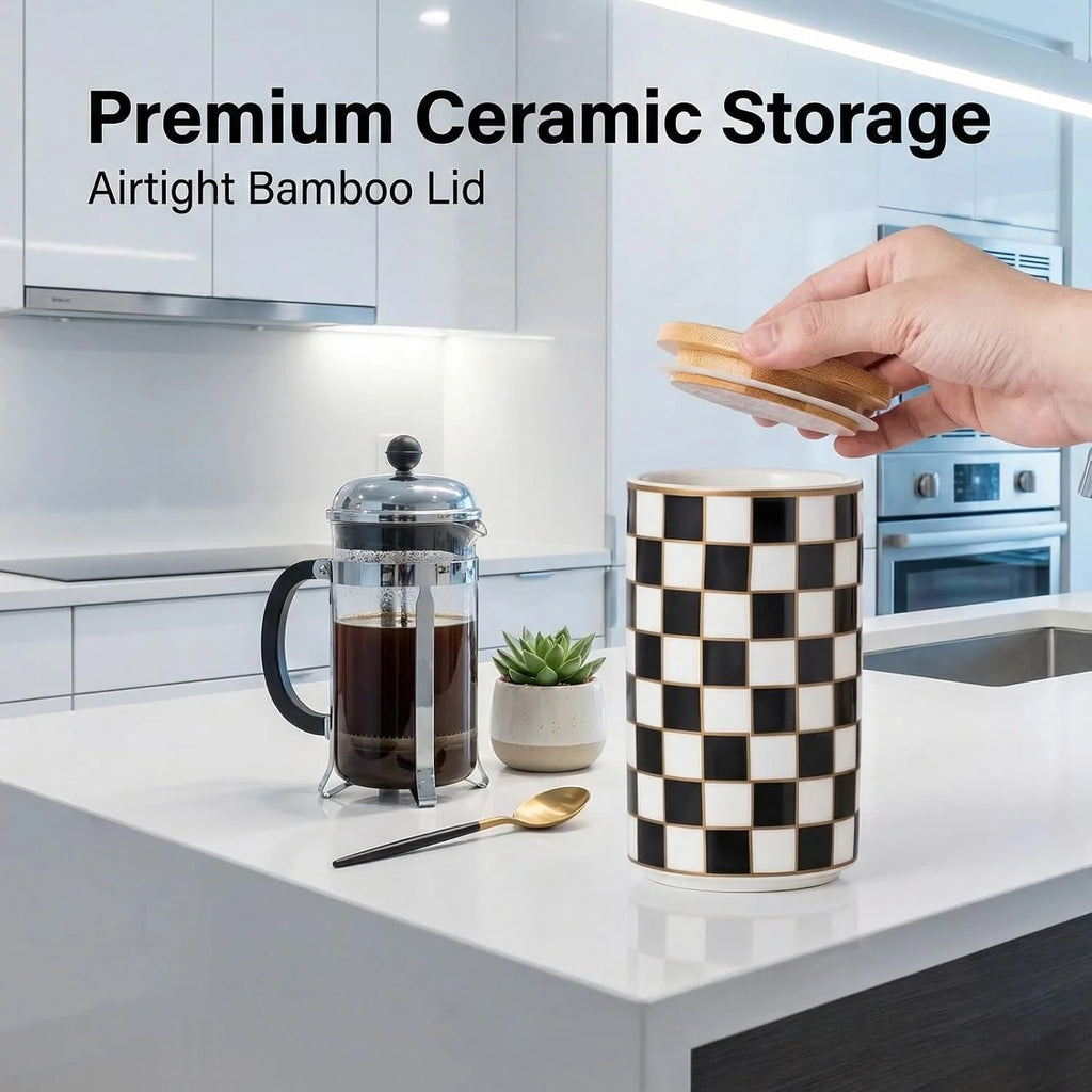 Ceramic Canister, Airtight 800 ml Kitchen Jar, Black Checkered – image 4