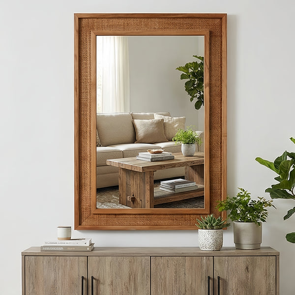Rattan Wrapped Wood Frame Wall Mirror 20 x 30 In, Natural