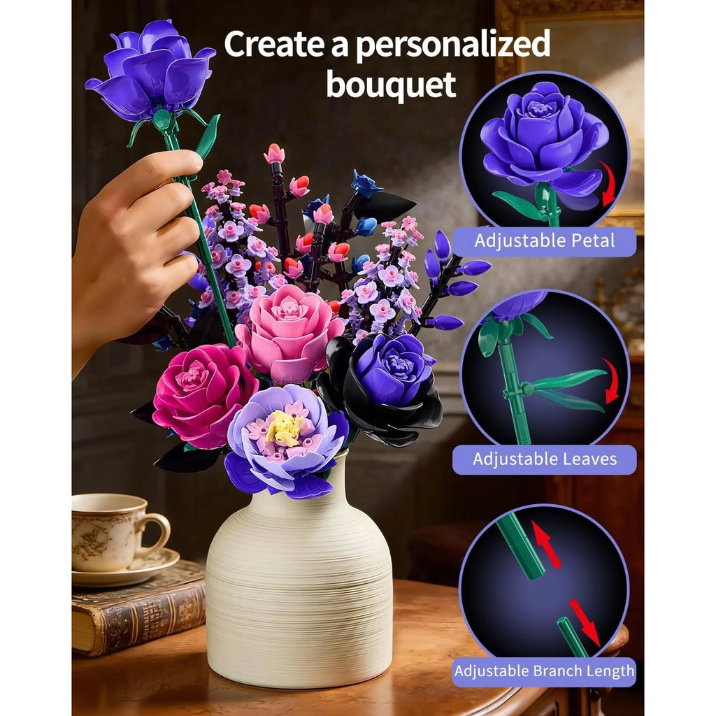 Rose Bouquet Building Set – Purple Botanical Blocks Decor – image 5
