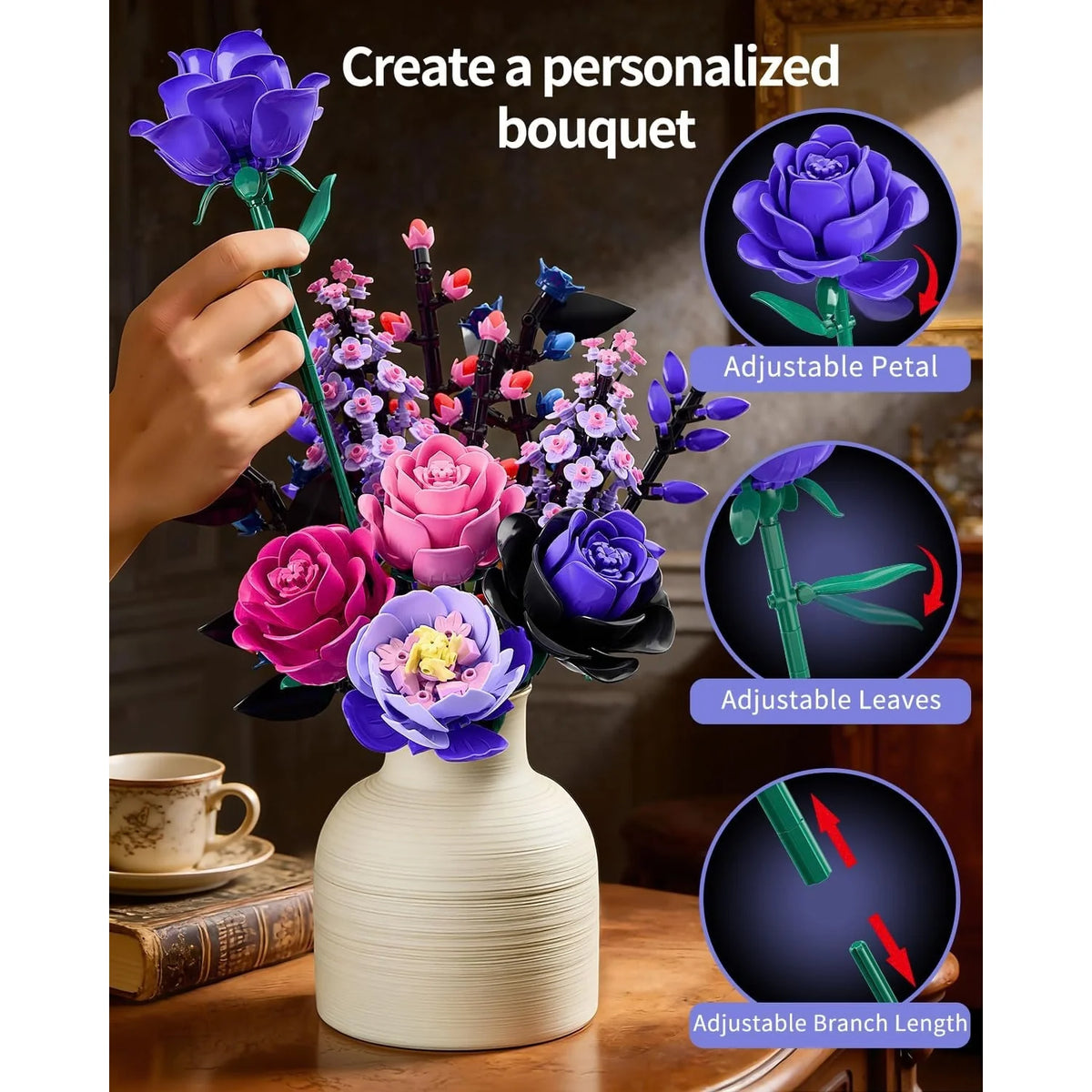 Rose Bouquet Building Set – Purple Botanical Blocks Decor – image 5