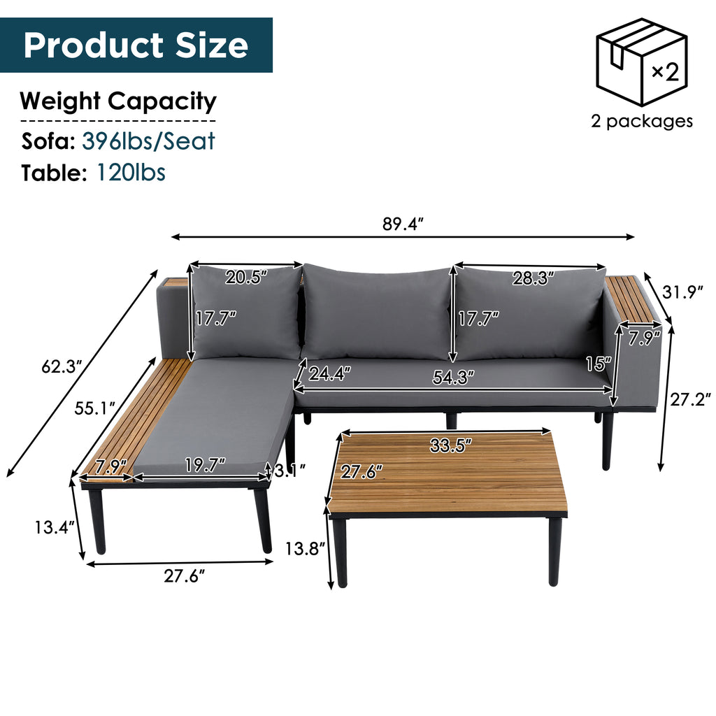 L-Shaped Acacia Wood Outdoor Sectional Sofa Set with Coffee Table – image 4