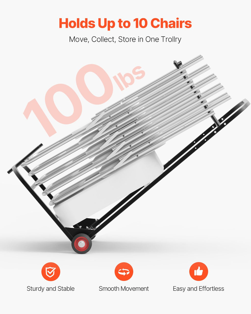 Folding Chair Cart for 10 Chairs, 100 lb Steel Chair Dolly – image 3