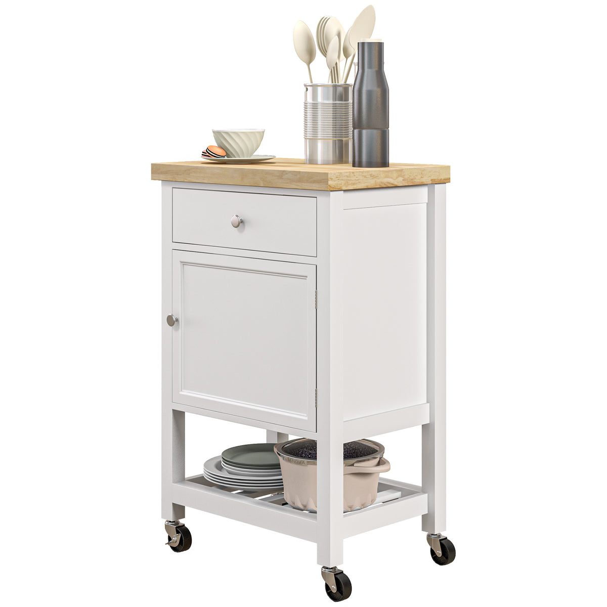 Kitchen Island Cart with Rubberwood Top, Wine Rack and Cabinet