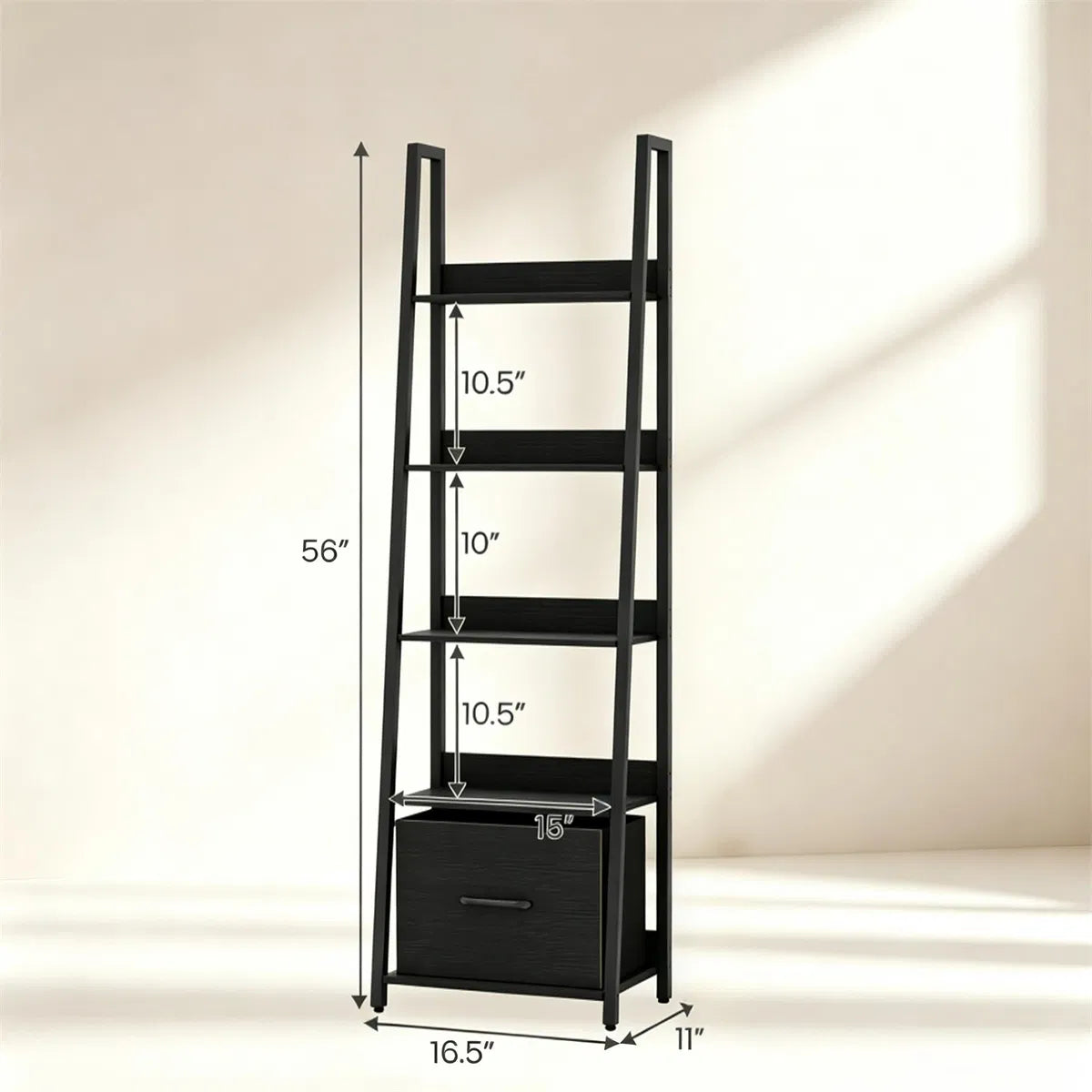 5-Tier Ladder Shelf with Fabric Drawer, Narrow Bookshelf, Black – image 5