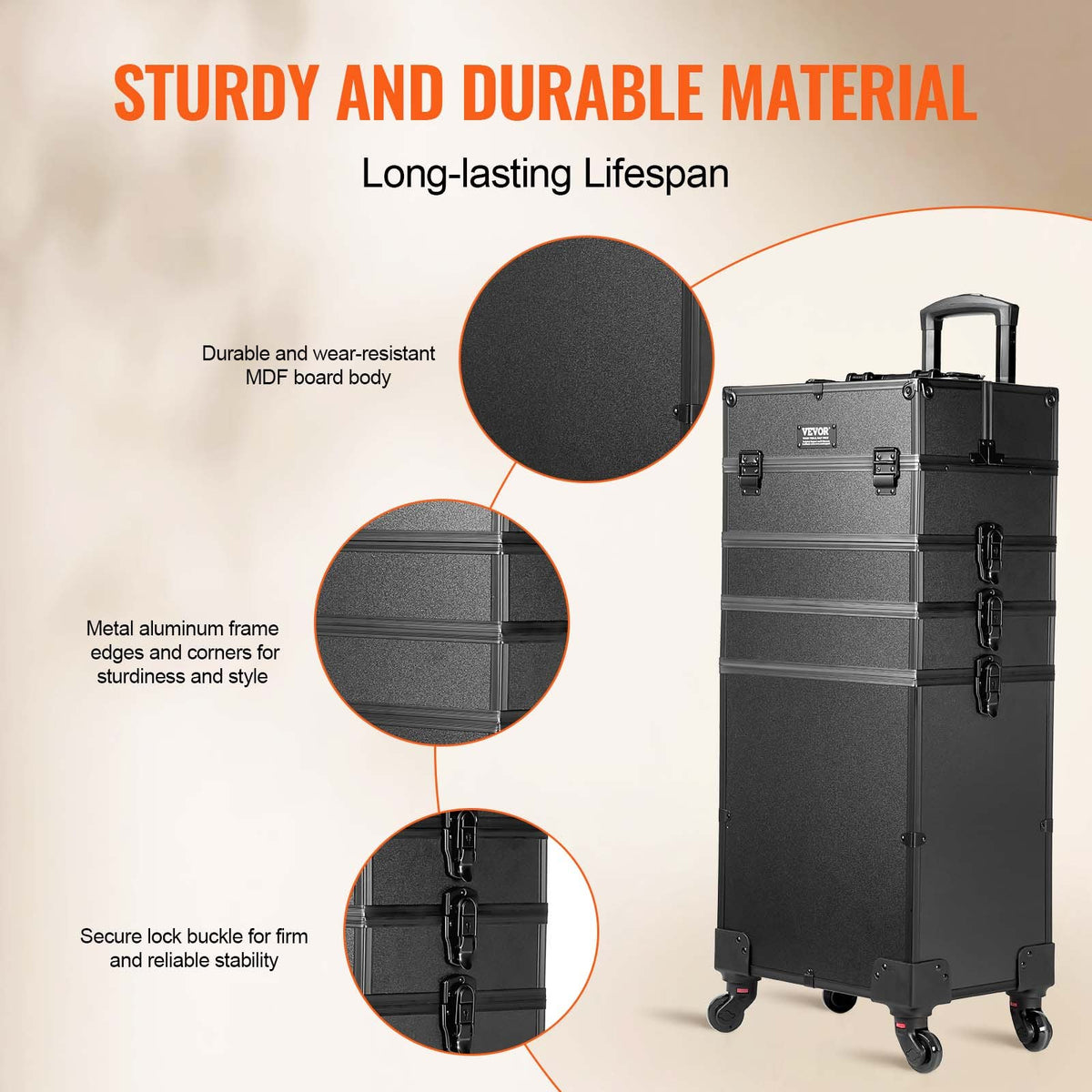 Rolling Makeup Case – 5-in-1 Aluminum Trolley Train Case, Black – image 6