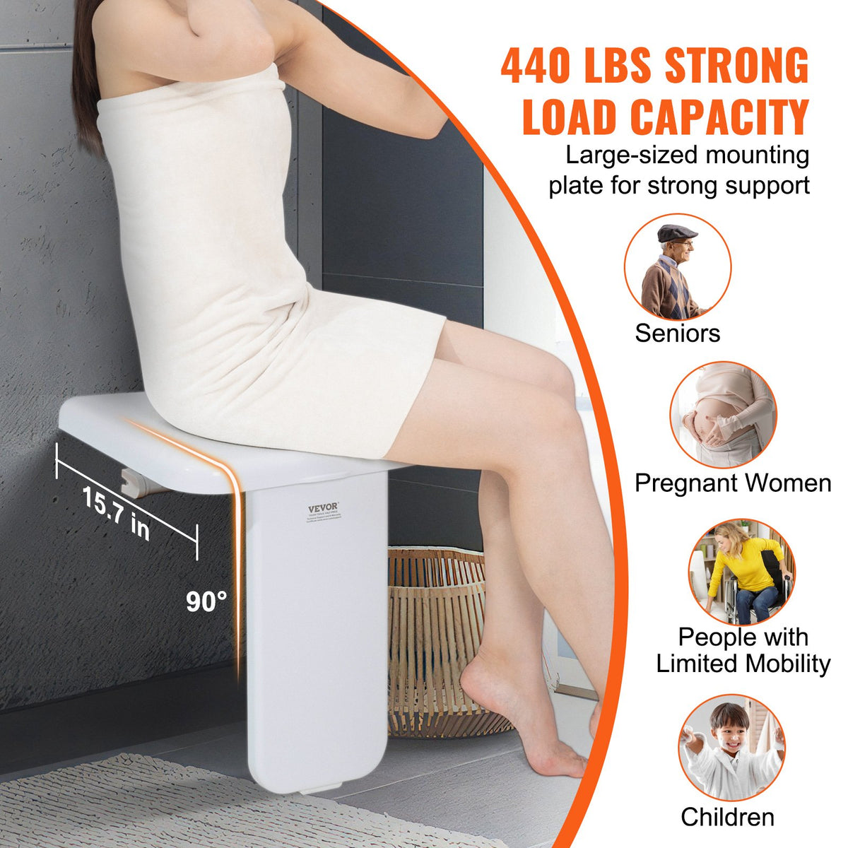 Folding Shower Seat, Wall Mounted Fold-Up Bench, 440 lb – image 3