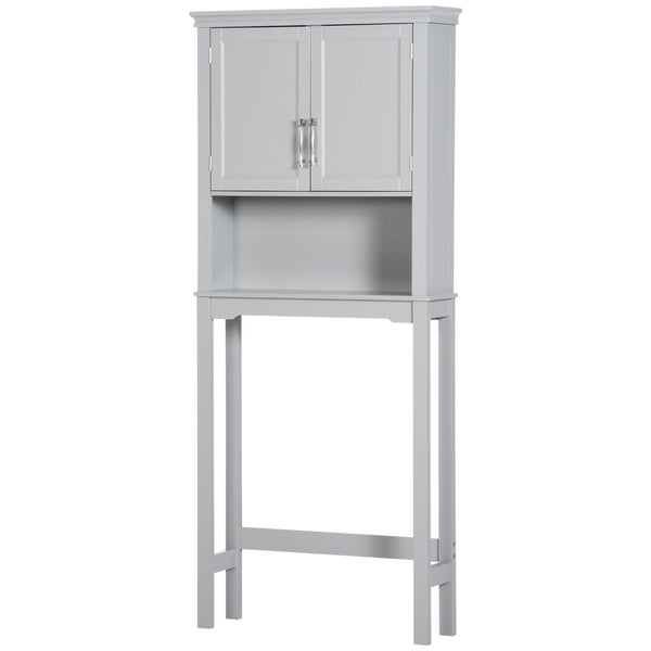 Modern over the Toilet Storage Cabinet, Double Door Bathroom Organizer with Inner Adjustable Shelf and Open Shelf, Gray