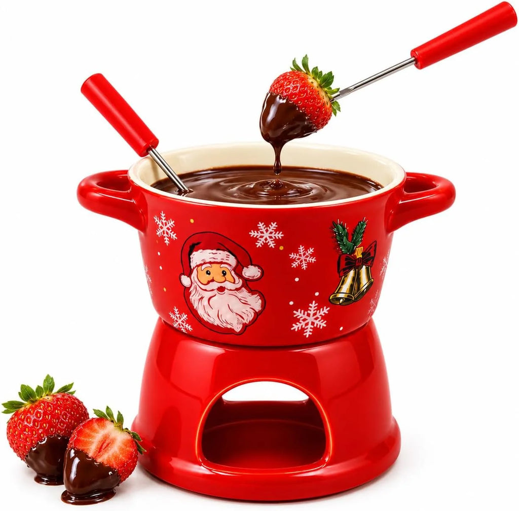 Christmas Ceramic Chocolate Fondue Mug Set with 2 Forks, 300 ml