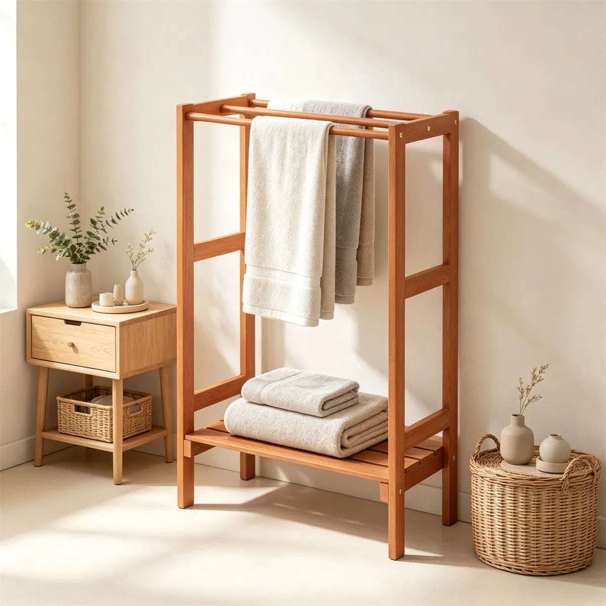 Blanket Stand Hardwood Freestanding with 3 Bars & Bottom Shelf – image 12