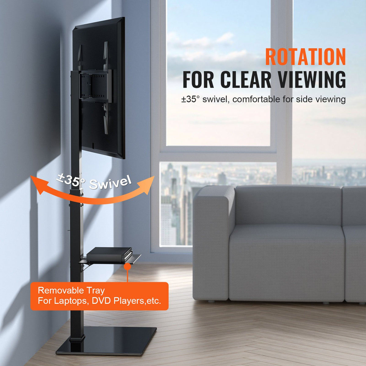 Swivel Floor TV Stand with Mount for 32-85 Inch TVs, Glass Base – image 5