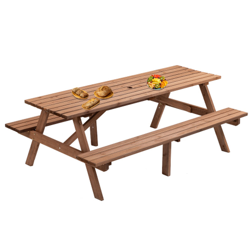 Wooden Picnic Table 75 in with 2 Built-In Benches, Umbrella Hole – image 11