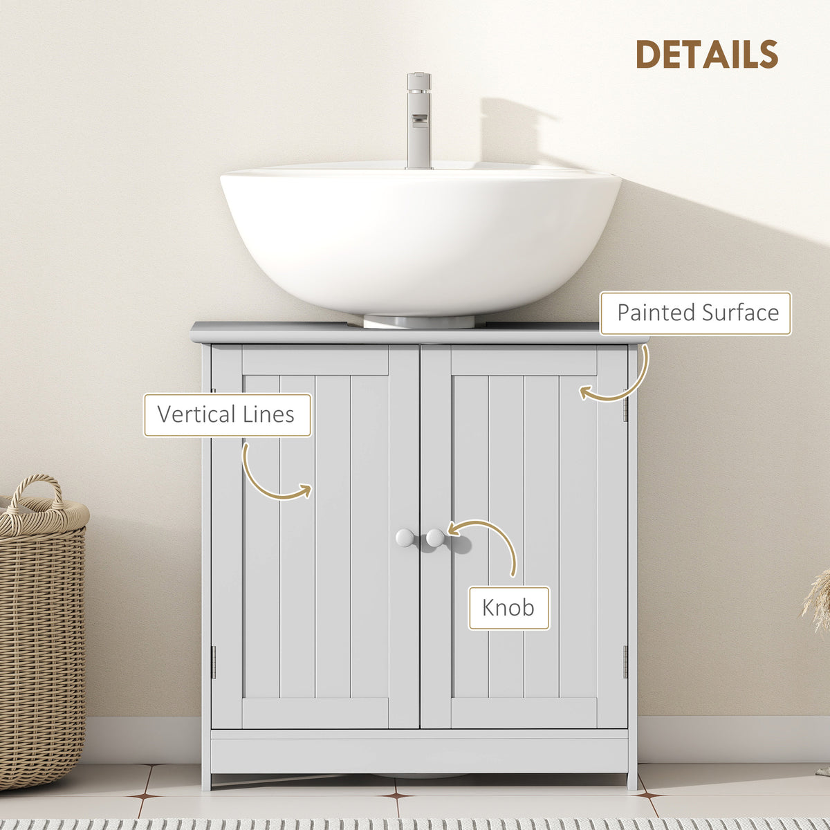 Under-Sink Bathroom Cabinet with 2 Doors and Shelf, Light Gray – image 6