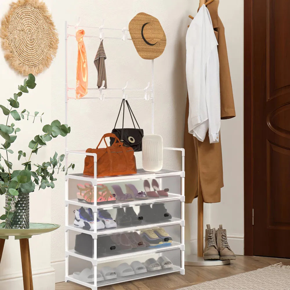 Shoe Rack with Coat Hooks, 5-Tier Dustproof Entryway Hall Tree