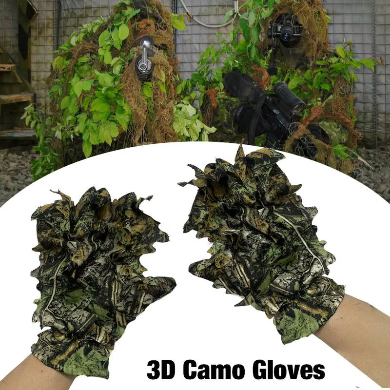 Hunting 3D Leafy Camo Gloves, Non-Slip Full Finger Woodland Camo Gloves, One Size