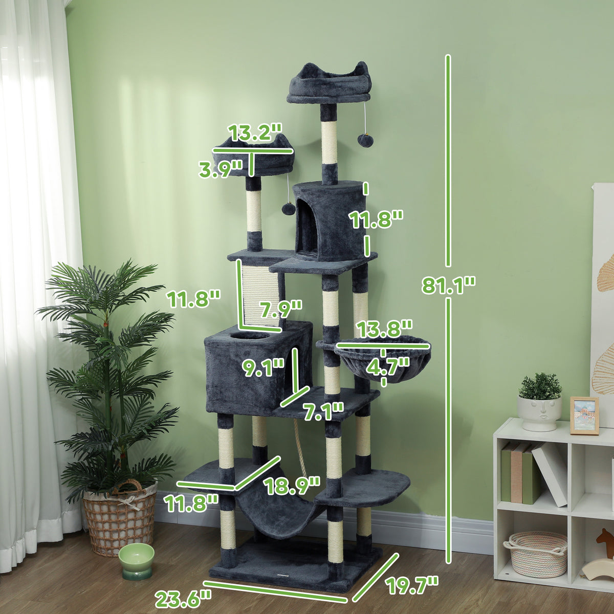 81 Inch Large Cat Tree with 2 Condos, Hammocks and Scratching Board – image 3