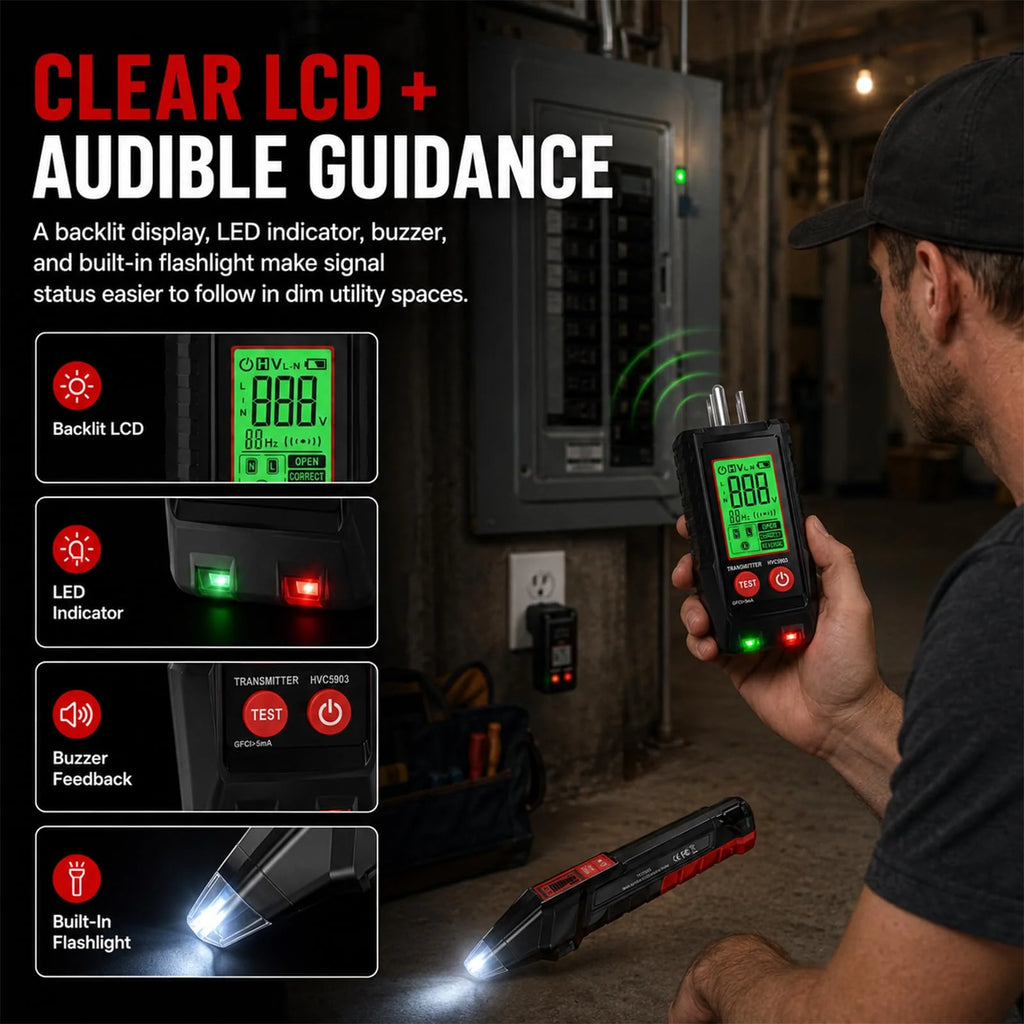 Electrical Circuit Breaker Finder & Outlet Tester Kit with LCD