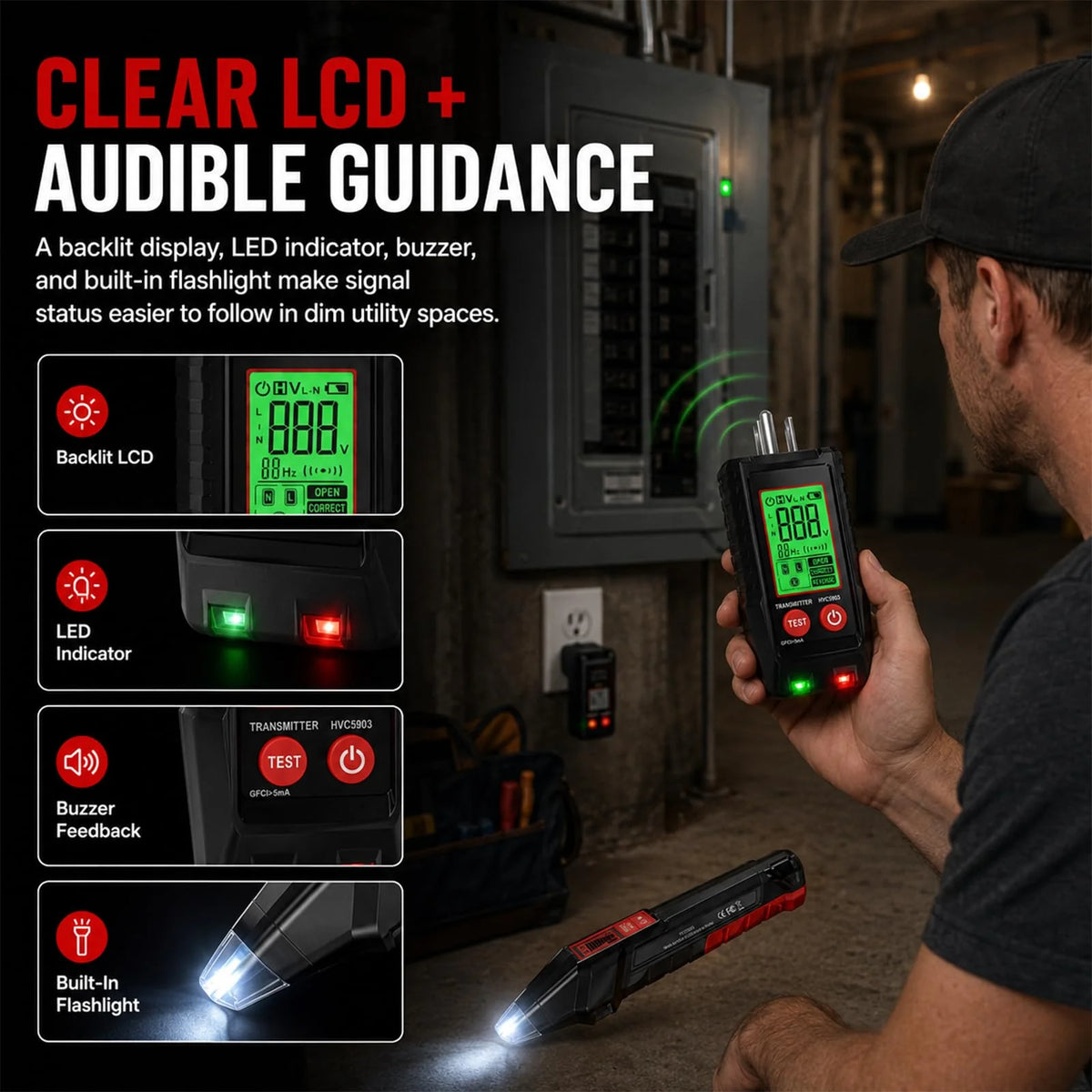 Electrical Circuit Breaker Finder & Outlet Tester Kit with LCD